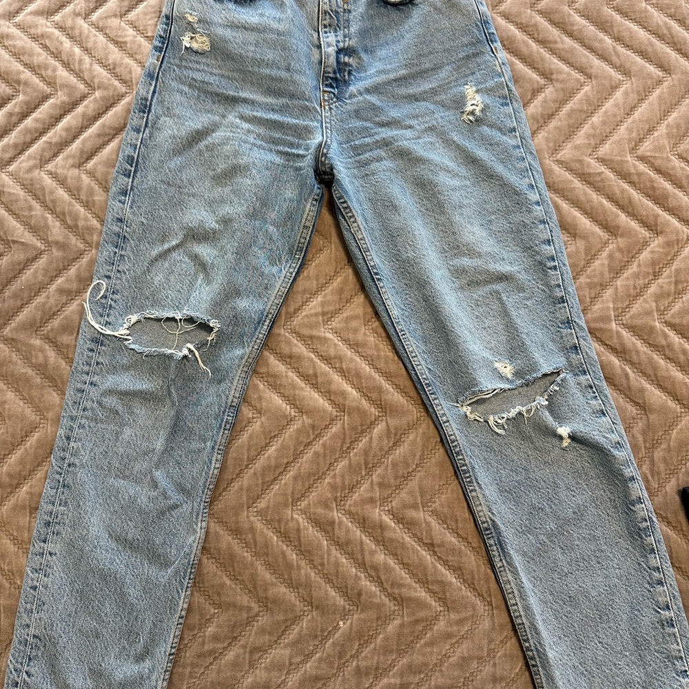 Zara Light Blue Distressed Straight Leg Jeans